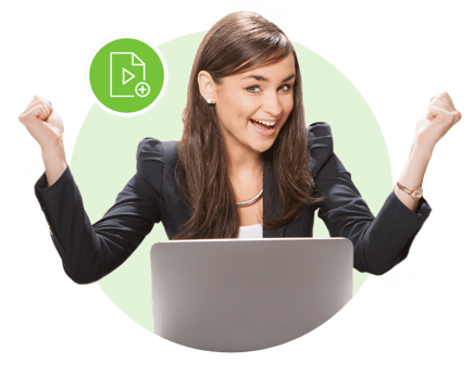 Woman with her hands up in excitement after using a software to generate videos from text documents