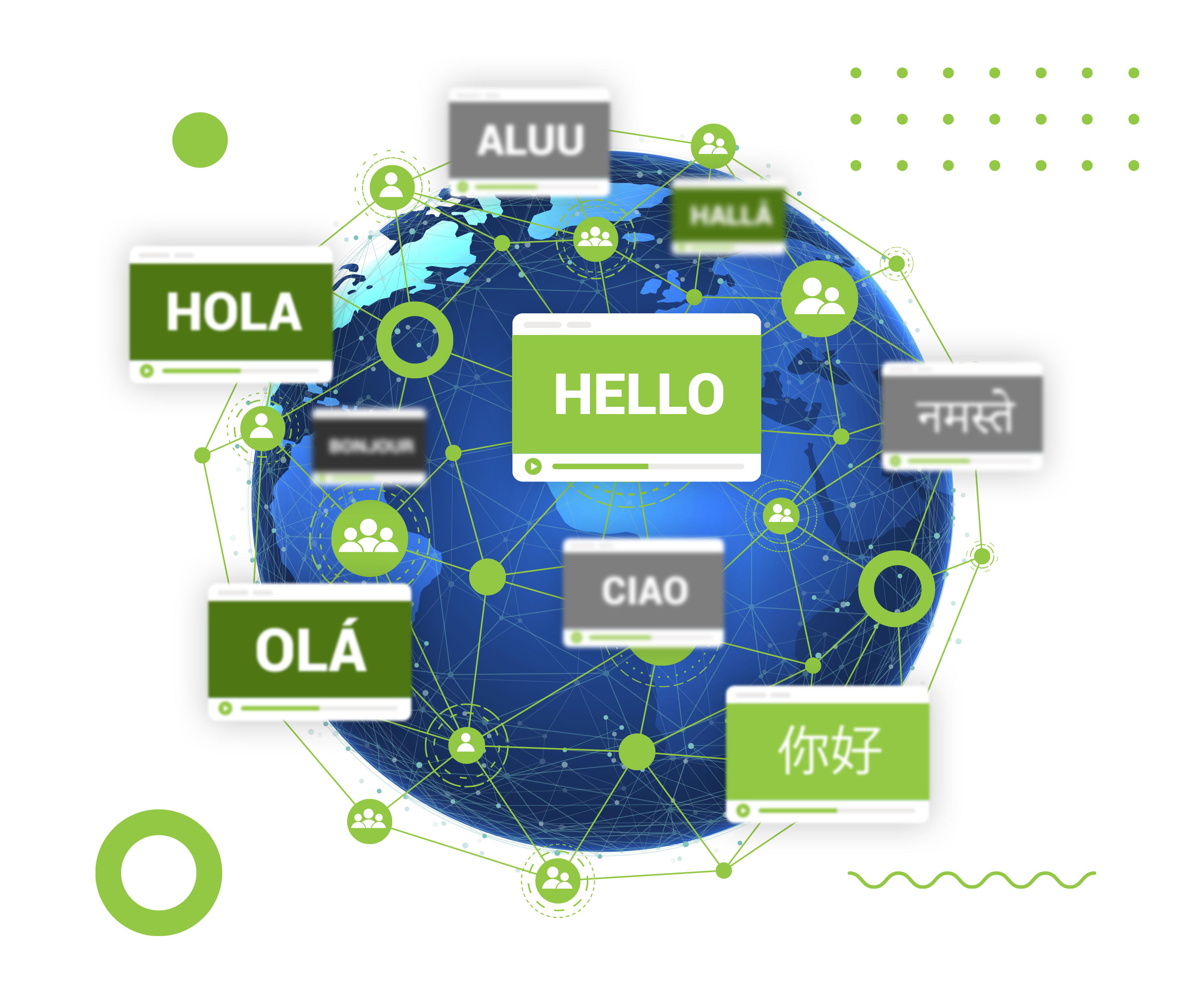 A globe surrounded with video icons showing multip0le languages