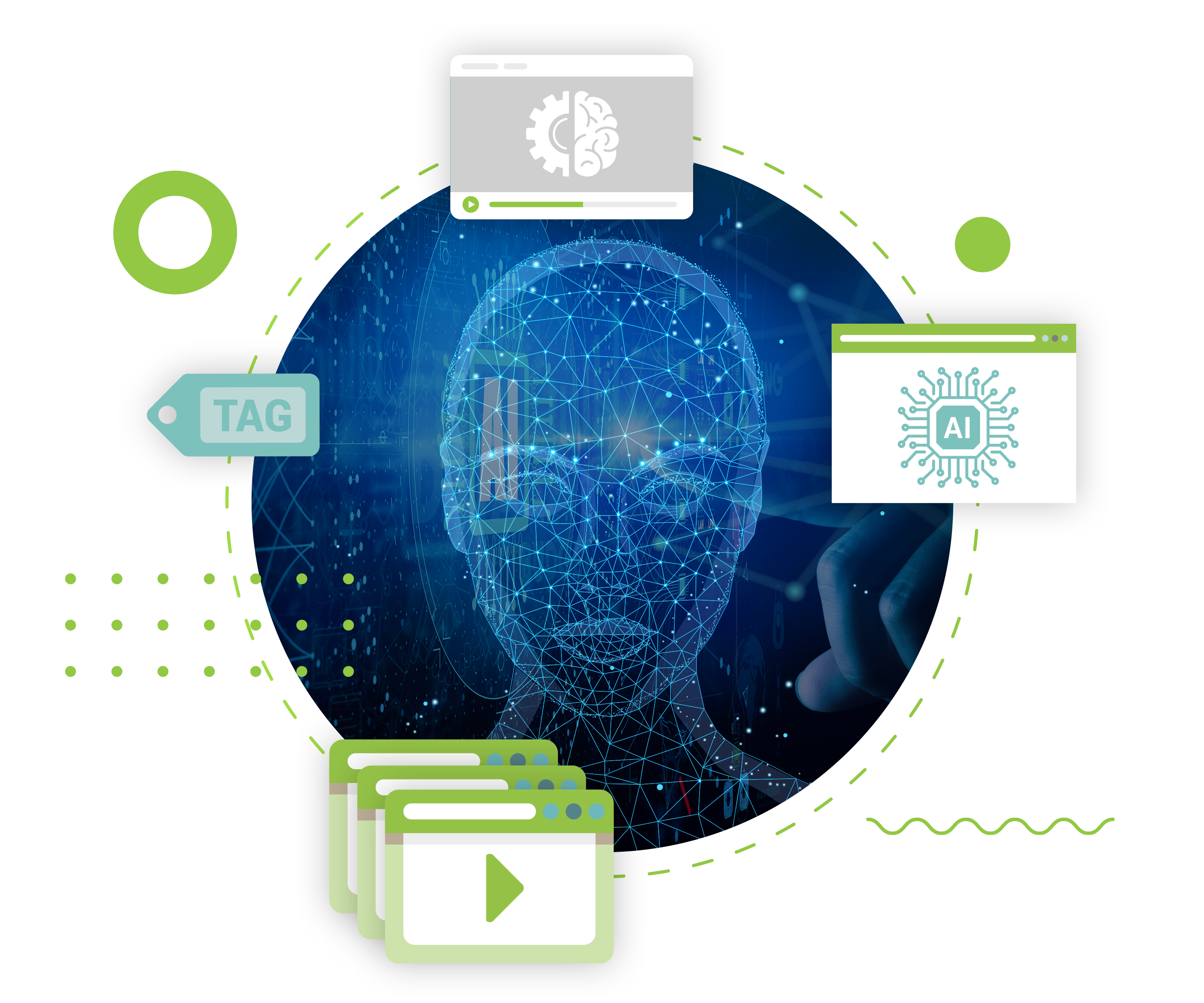 AI robot visualization with videos and documents floating around it's head